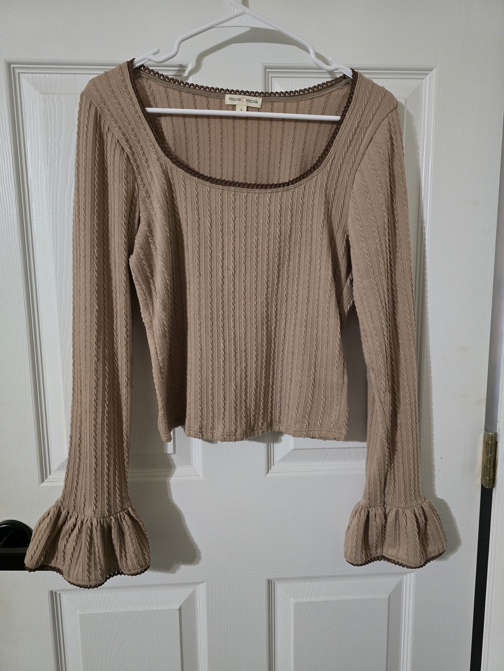 Moa Moa Beige Ribbed Long Sleeve Scoop Neck Top with Ruffle Cuffs